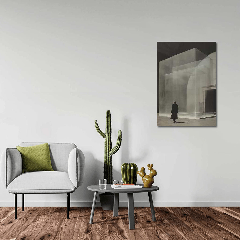 Explorer in Black and White Isometric Cube: Surreal Journey