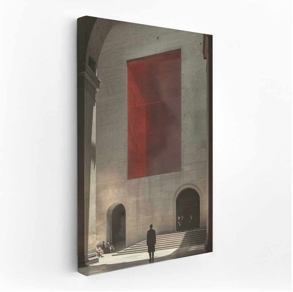 Mysterious Figure at the Red Cube: A Surreal Isometric World