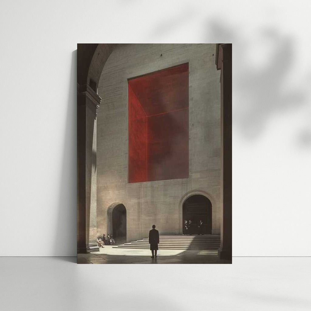 Mysterious Figure at the Red Cube: A Surreal Isometric World