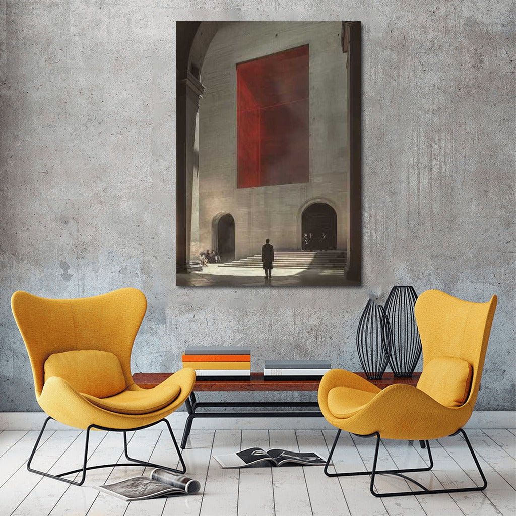 Mysterious Figure at the Red Cube: A Surreal Isometric World