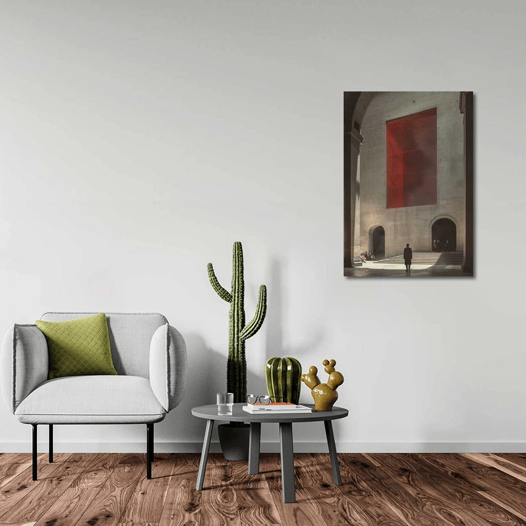 Mysterious Figure at the Red Cube: A Surreal Isometric World