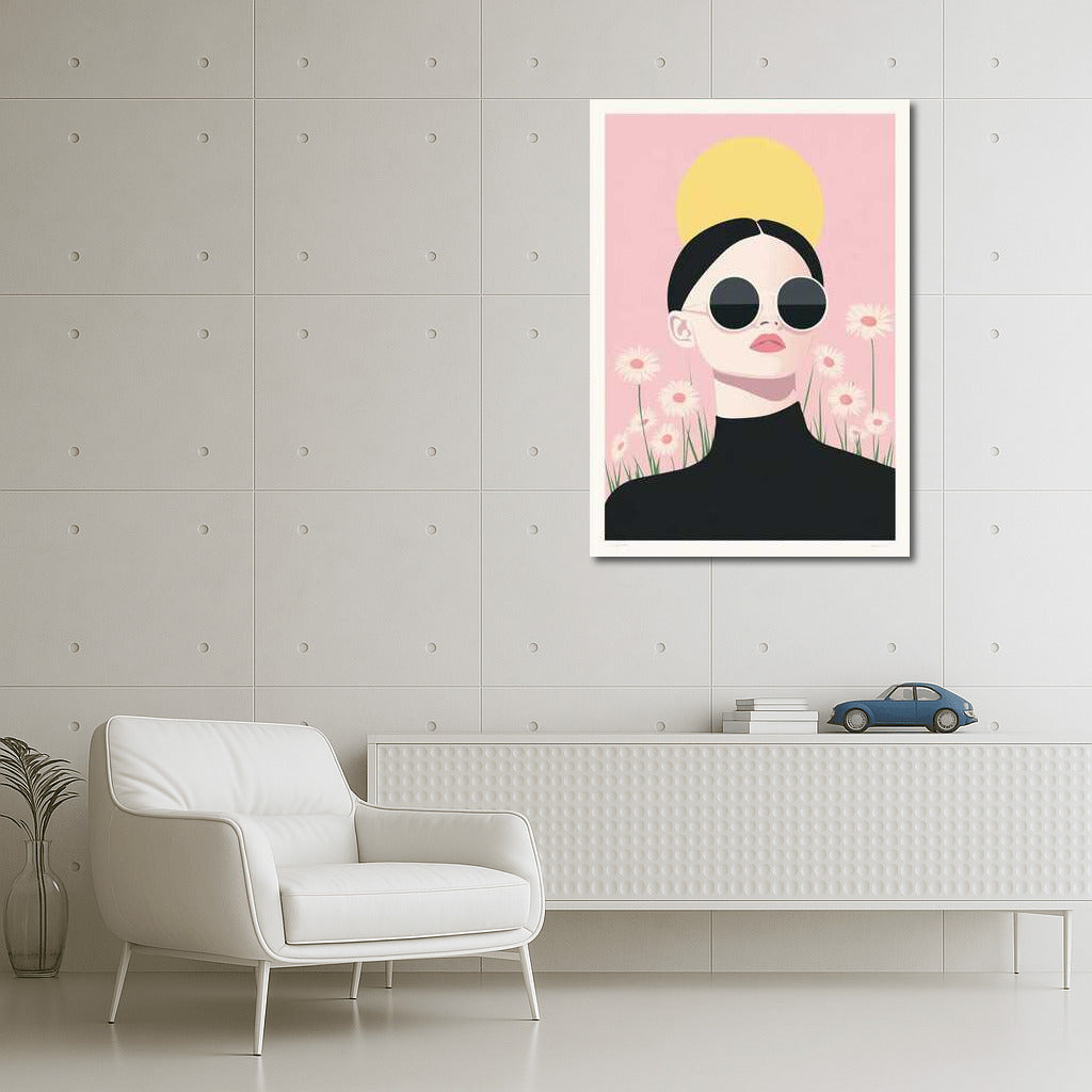 Mysterious Figure in Sunglasses with Daisies: Modern Minimalism