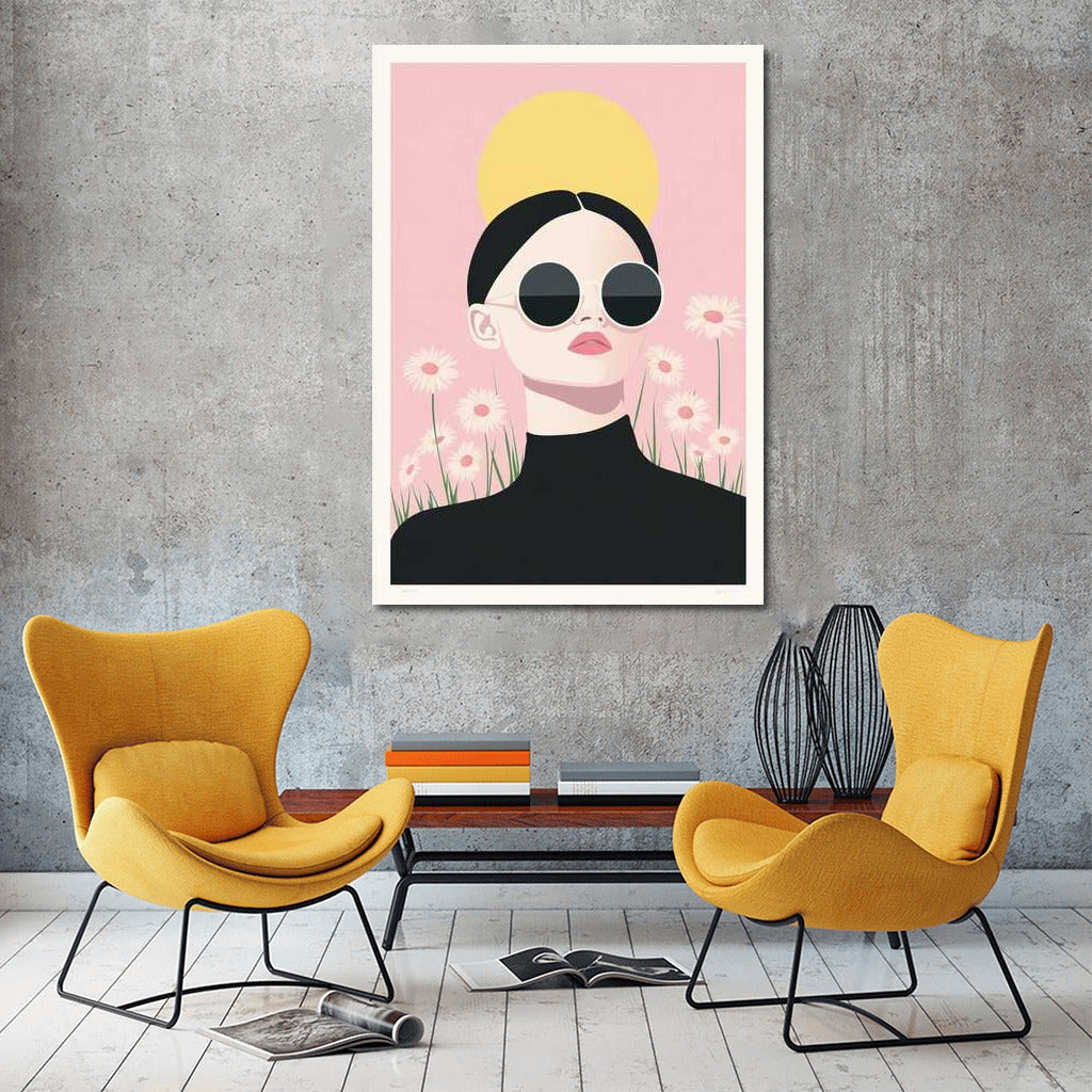 Mysterious Figure in Sunglasses with Daisies: Modern Minimalism
