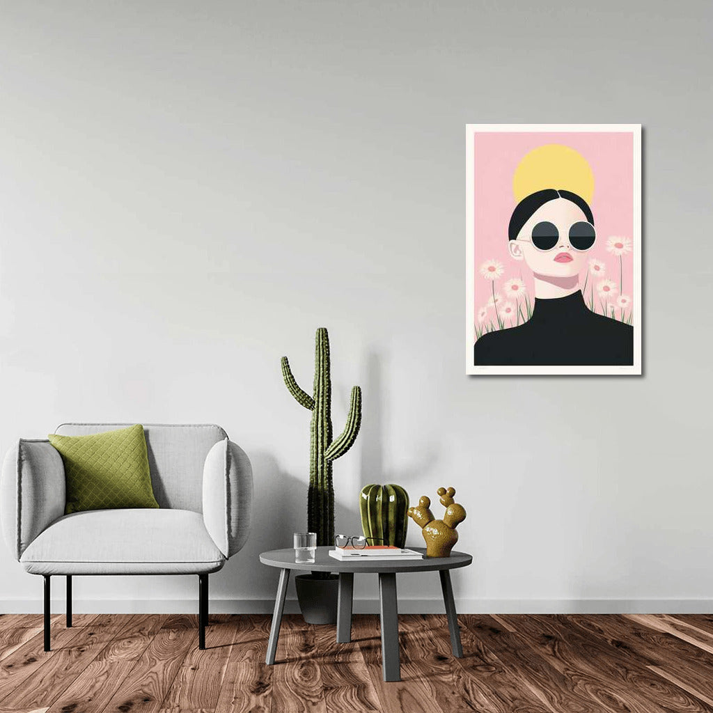 Mysterious Figure in Sunglasses with Daisies: Modern Minimalism