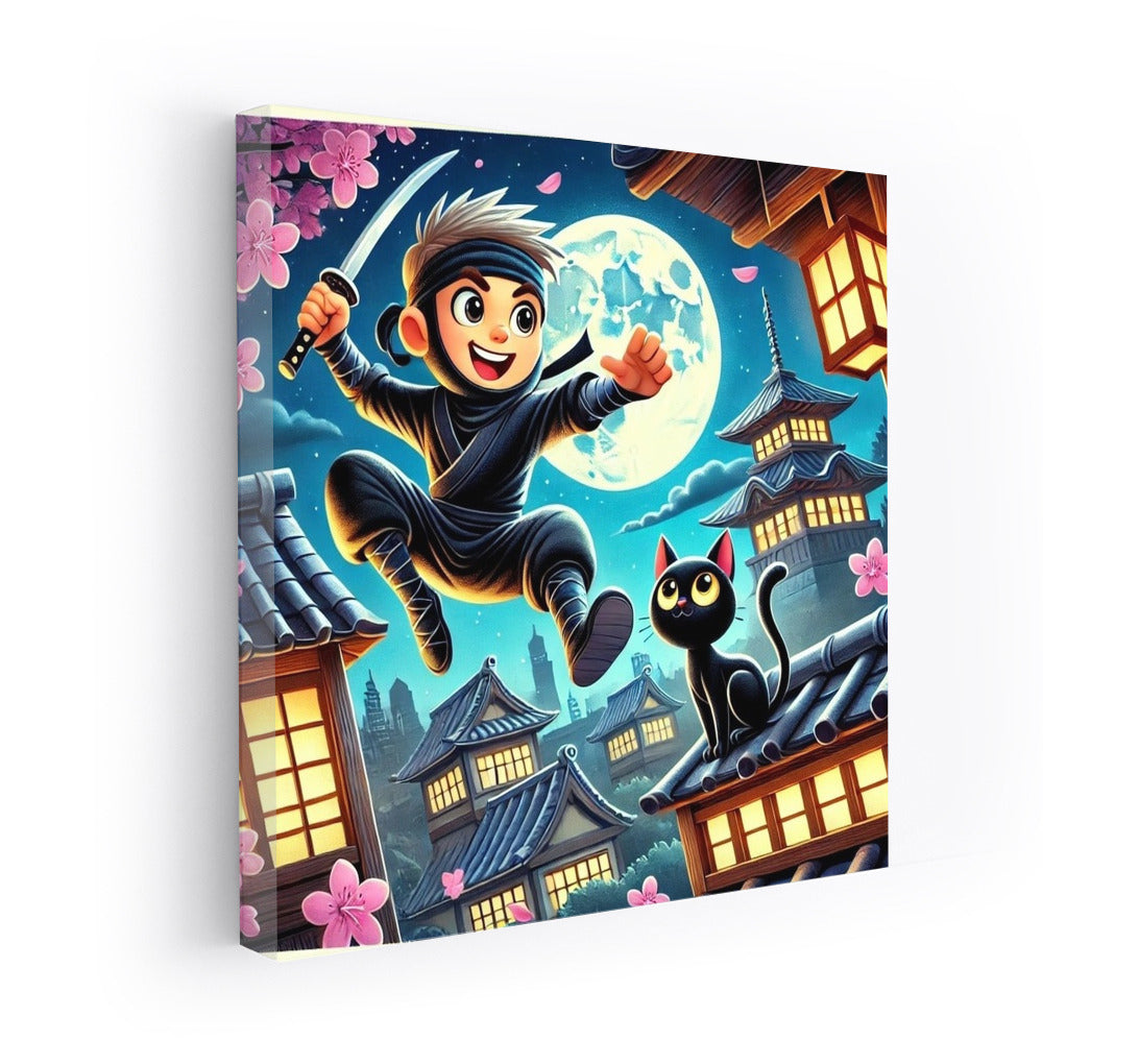 Ninja and Cat: Moon Adventure Among Sakura and Pagodas
