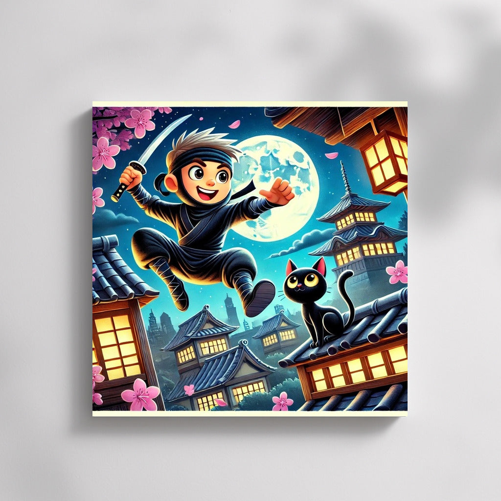 Ninja and Cat: Moon Adventure Among Sakura and Pagodas