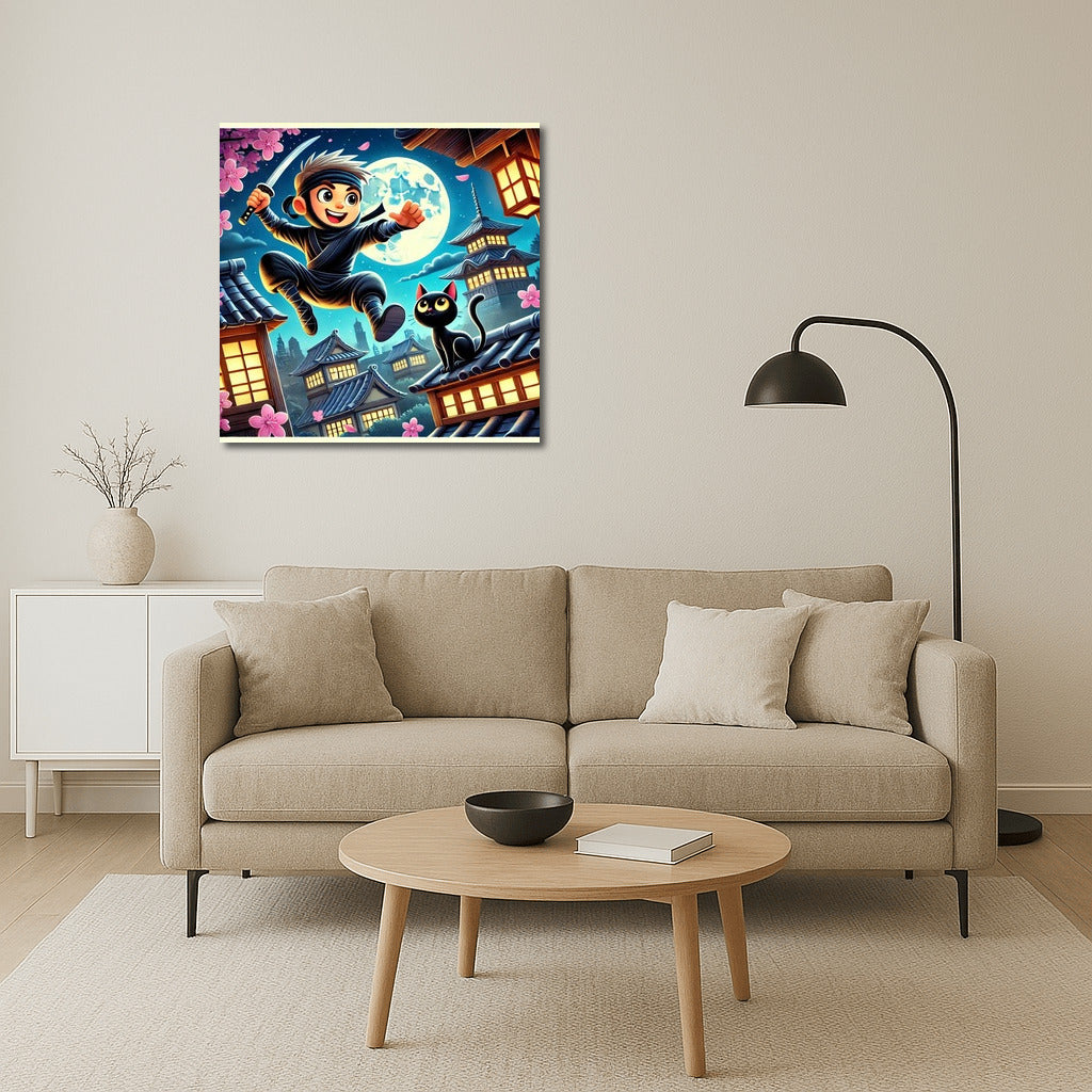 Ninja and Cat: Moon Adventure Among Sakura and Pagodas