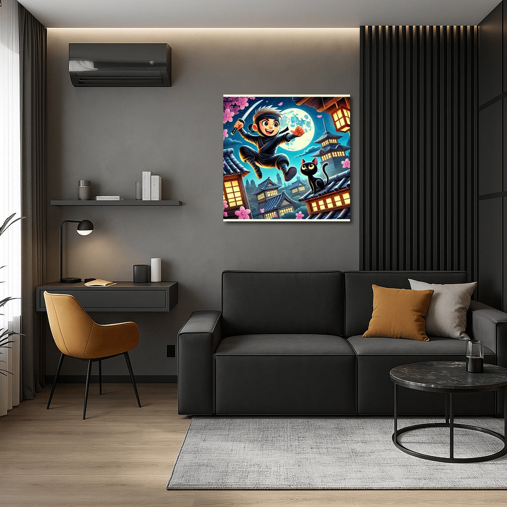 Ninja and Cat: Moon Adventure Among Sakura and Pagodas