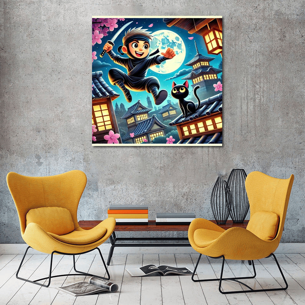 Ninja and Cat: Moon Adventure Among Sakura and Pagodas