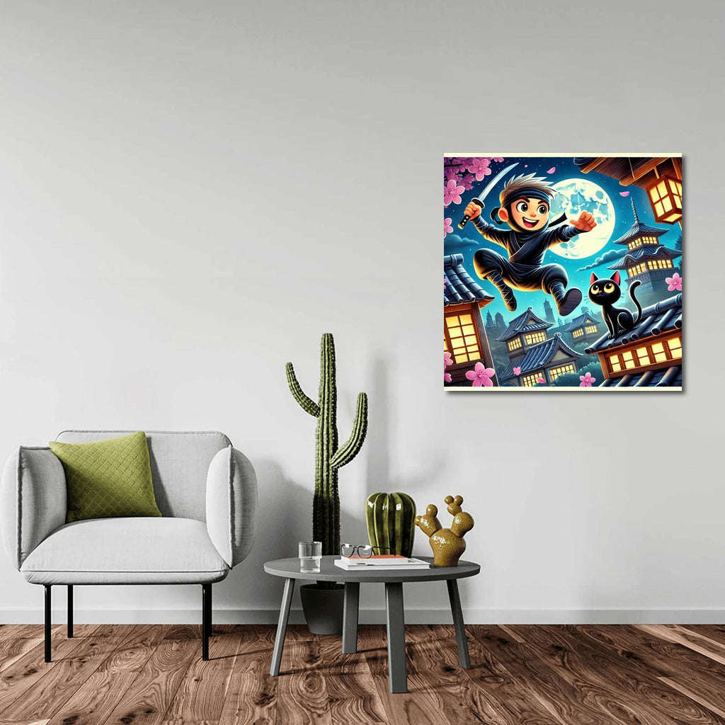 Ninja and Cat: Moon Adventure Among Sakura and Pagodas