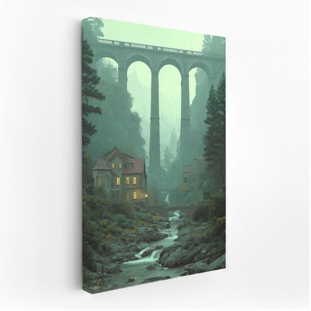 Arch Bridge in the Embrace of the Misty Mountains: Architectural Grandeur