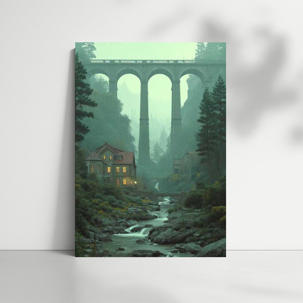 Arch Bridge in the Embrace of the Misty Mountains: Architectural Grandeur