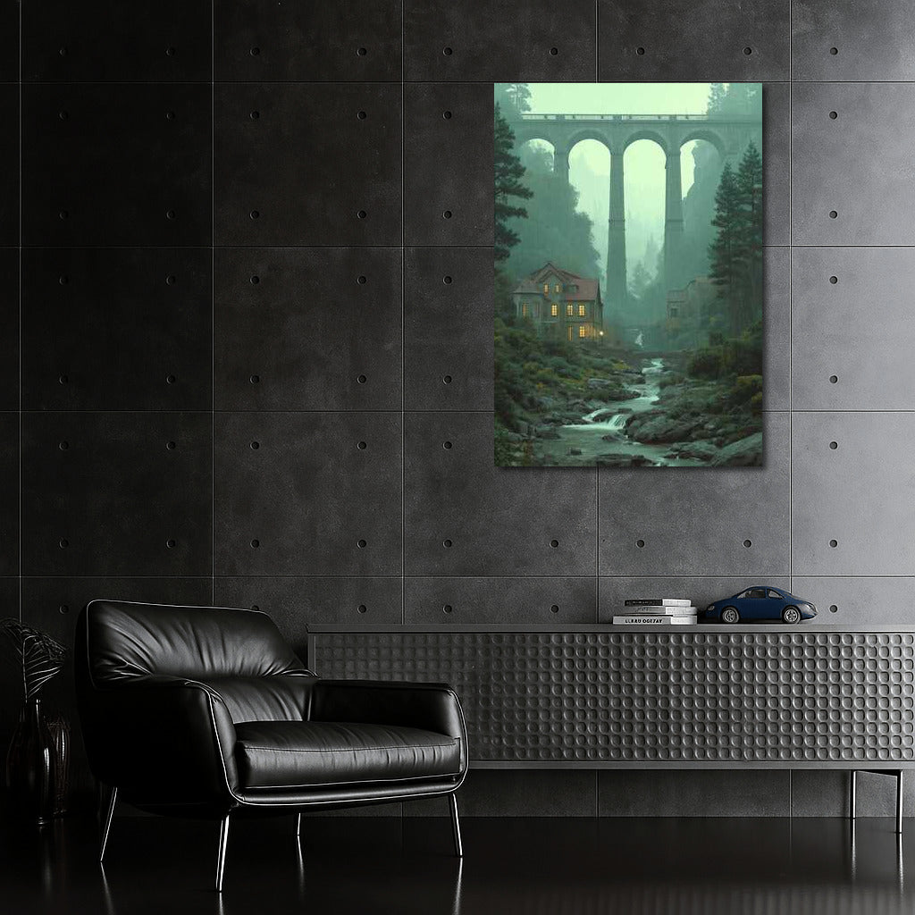 Arch Bridge in the Embrace of the Misty Mountains: Architectural Grandeur