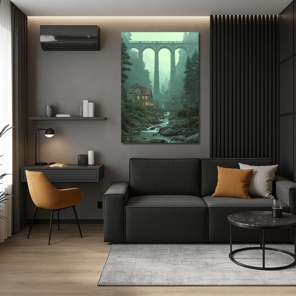 Arch Bridge in the Embrace of the Misty Mountains: Architectural Grandeur