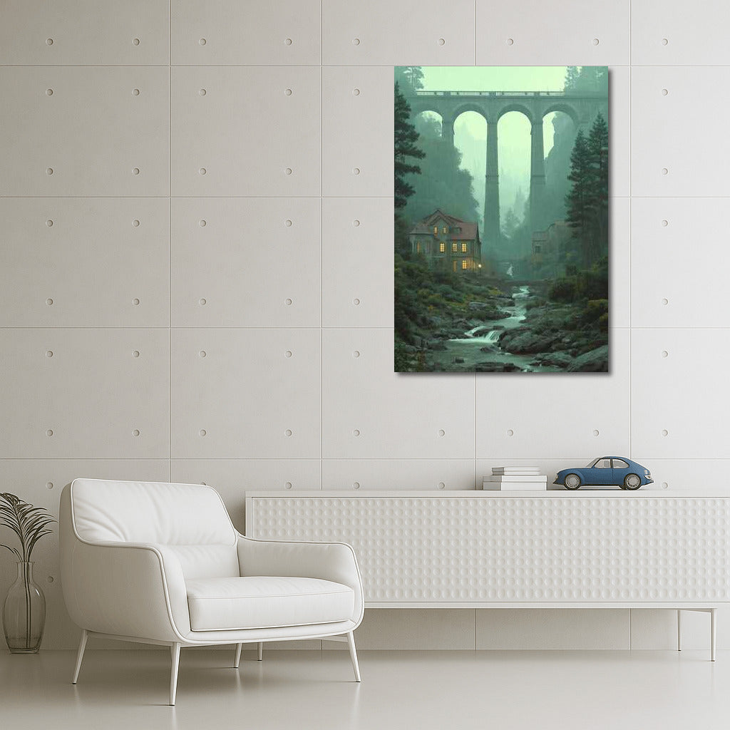 Arch Bridge in the Embrace of the Misty Mountains: Architectural Grandeur