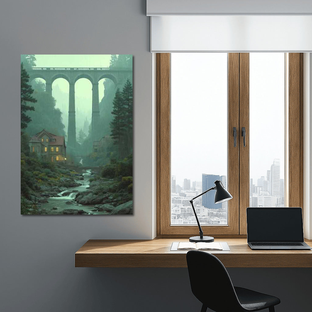 Arch Bridge in the Embrace of the Misty Mountains: Architectural Grandeur