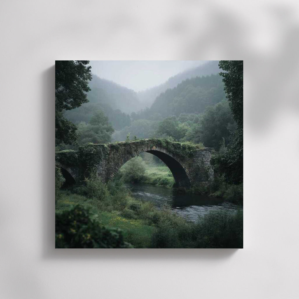Architectural Symphony: Magic Bridge in Fog and Greenery