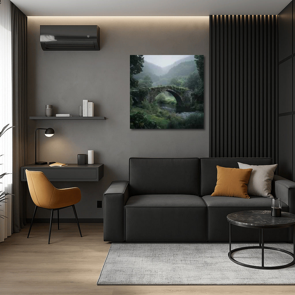 Architectural Symphony: Magic Bridge in Fog and Greenery