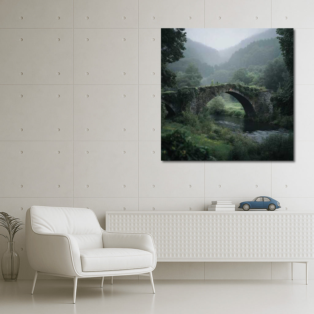 Architectural Symphony: Magic Bridge in Fog and Greenery