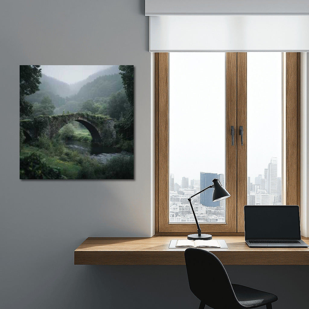 Architectural Symphony: Magic Bridge in Fog and Greenery