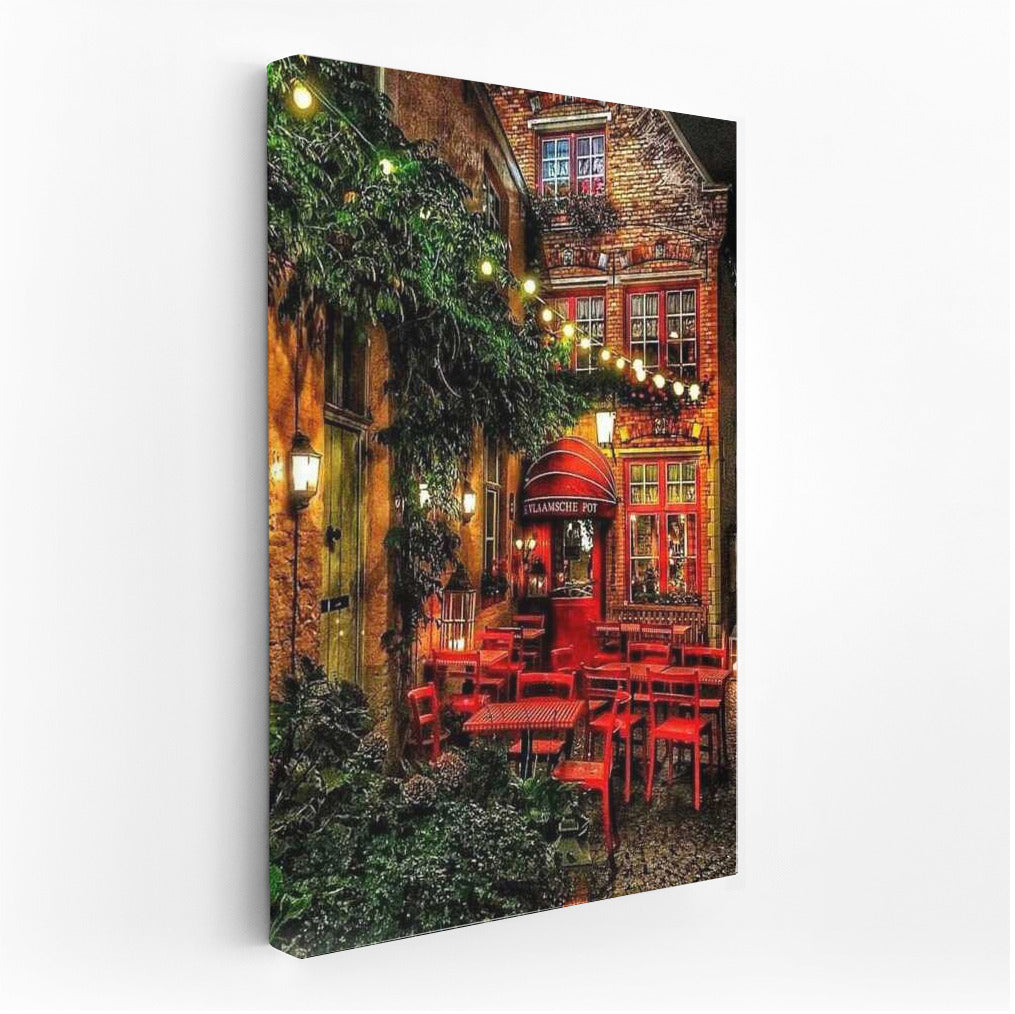 Evening Coziness of a Belgian Courtyard: Red Chairs and Light of Bulbs