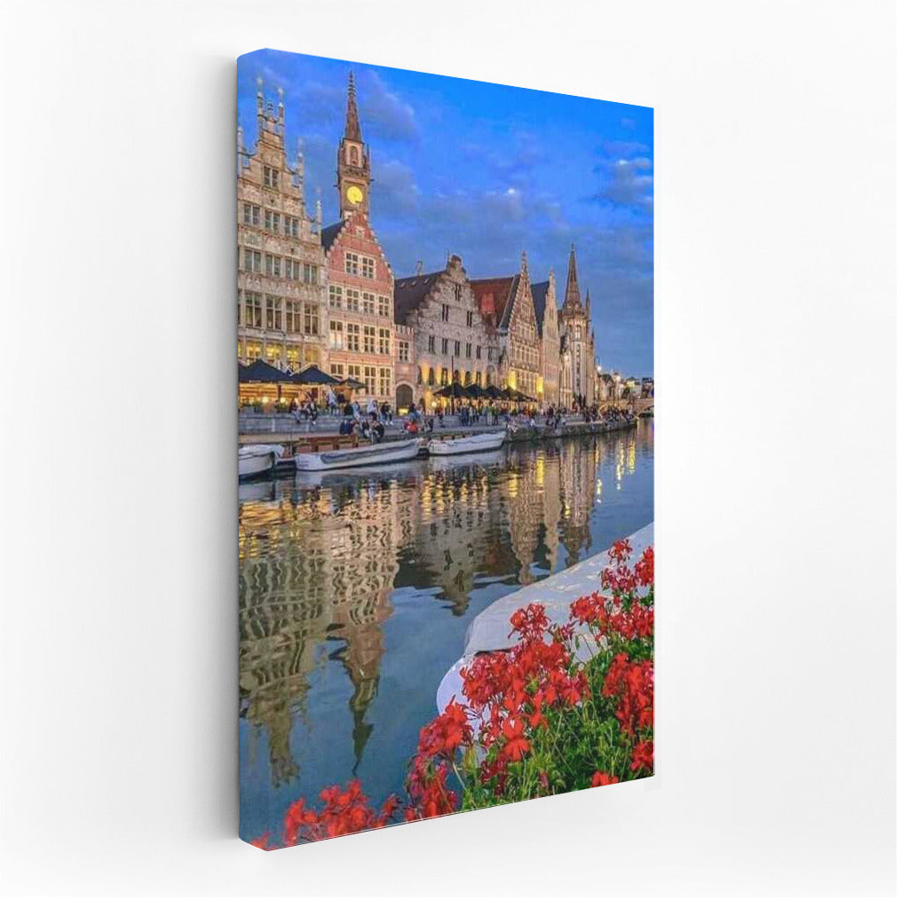Evening Canal of Belgium: Historical Architecture and Floral Reflections