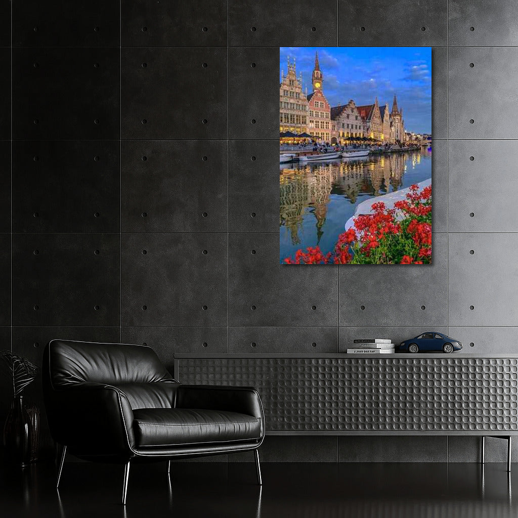 Evening Canal of Belgium: Historical Architecture and Floral Reflections