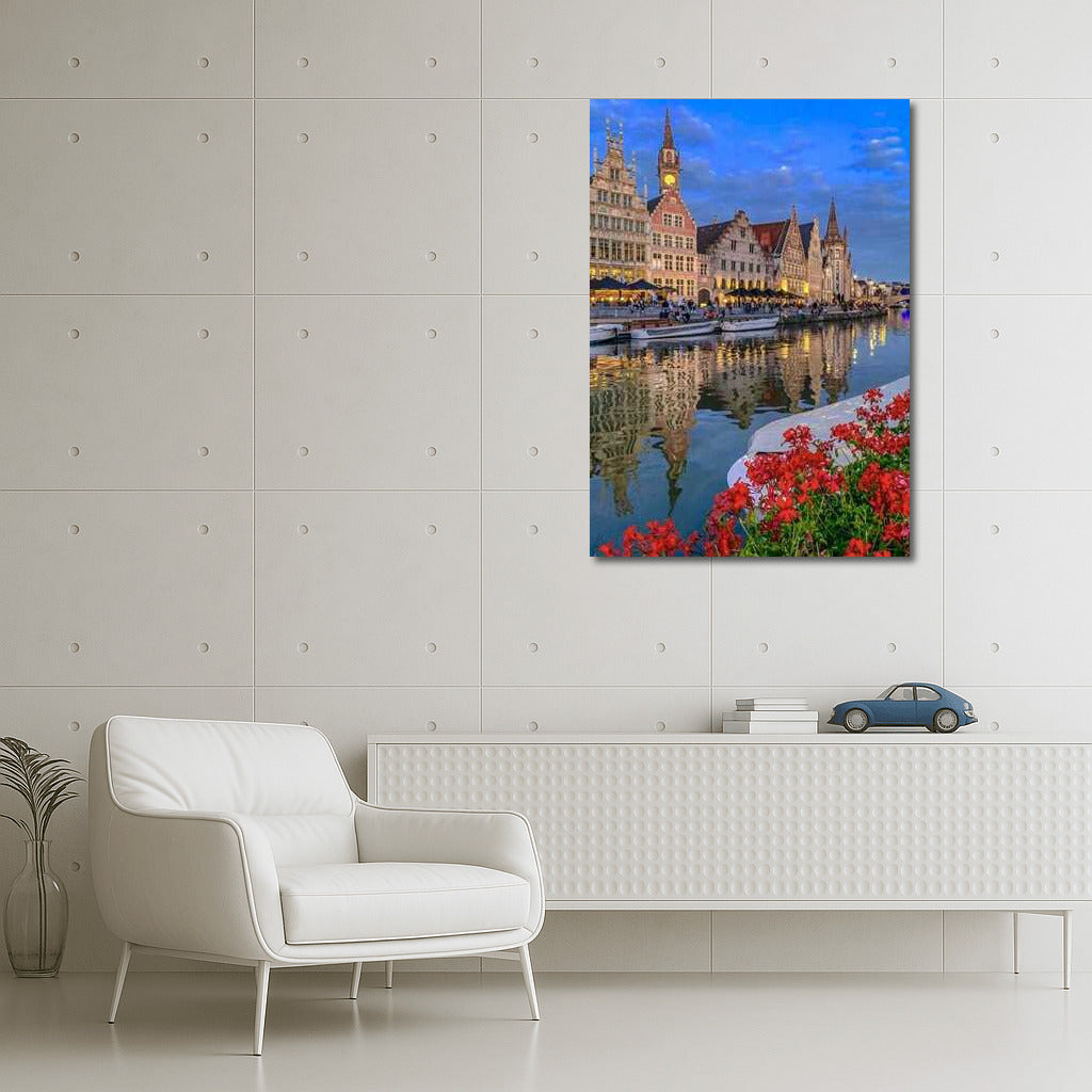 Evening Canal of Belgium: Historical Architecture and Floral Reflections