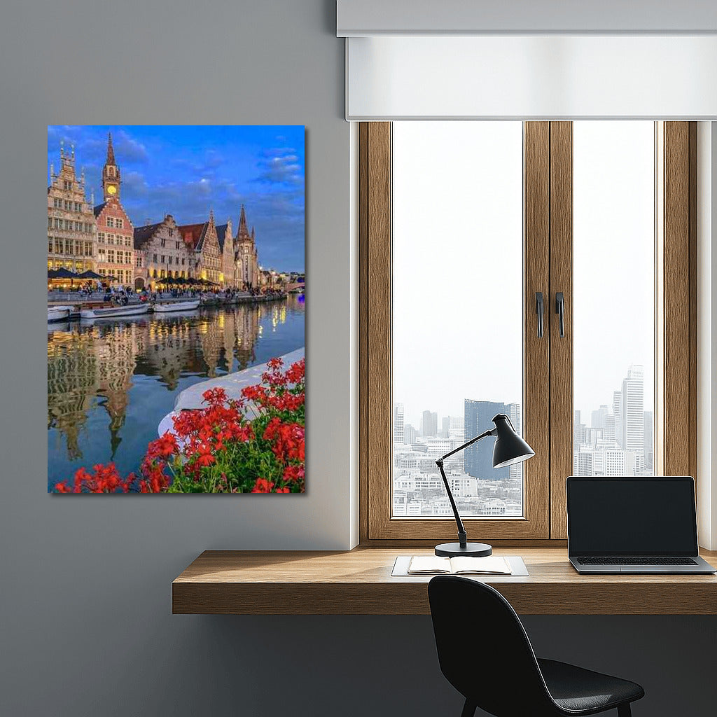 Evening Canal of Belgium: Historical Architecture and Floral Reflections
