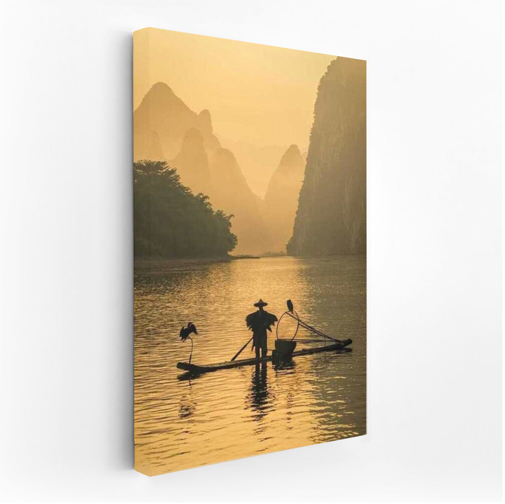 Fisherman on the River in China's Misty Morning: Harmony of the Eastern Mountains
