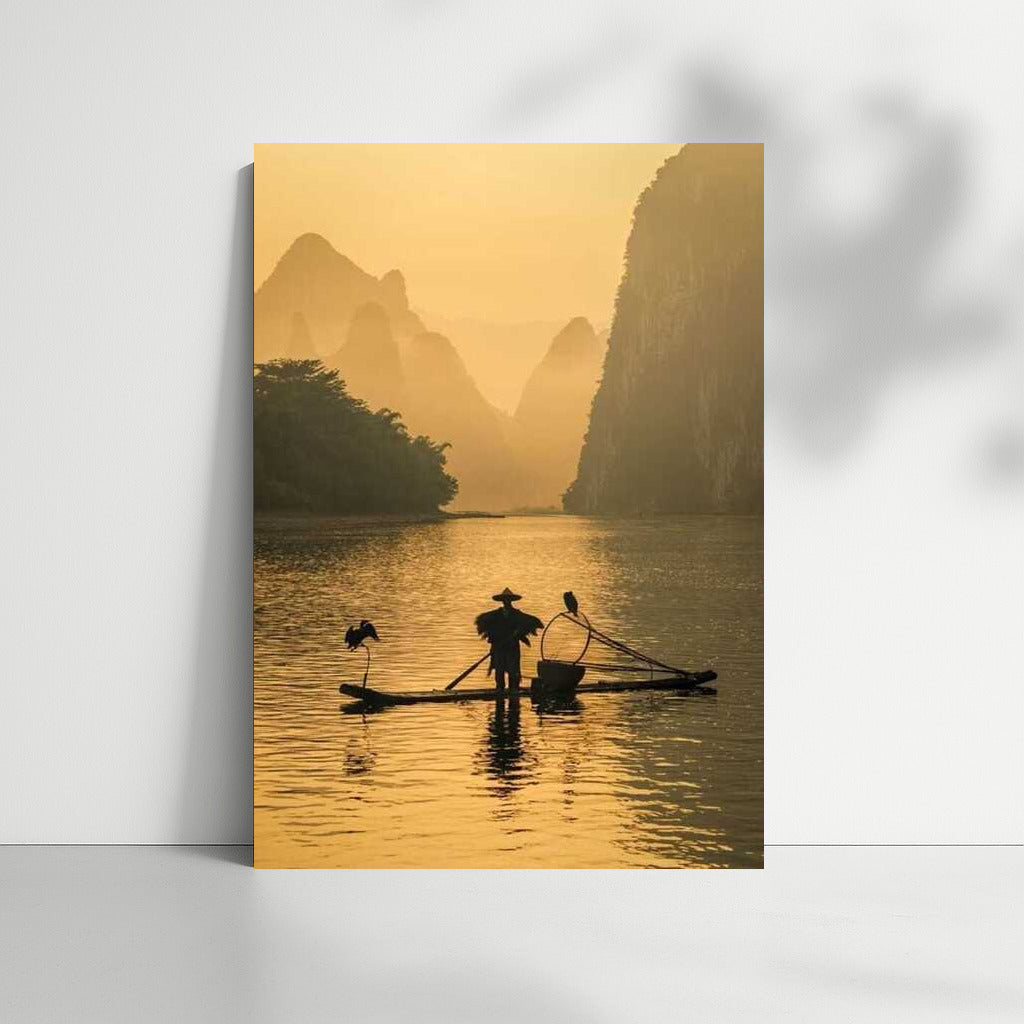 Fisherman on the River in China's Misty Morning: Harmony of the Eastern Mountains