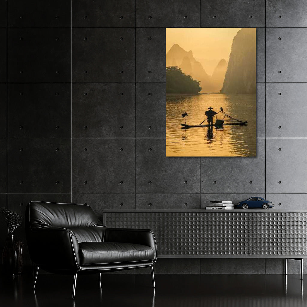 Fisherman on the River in China's Misty Morning: Harmony of the Eastern Mountains