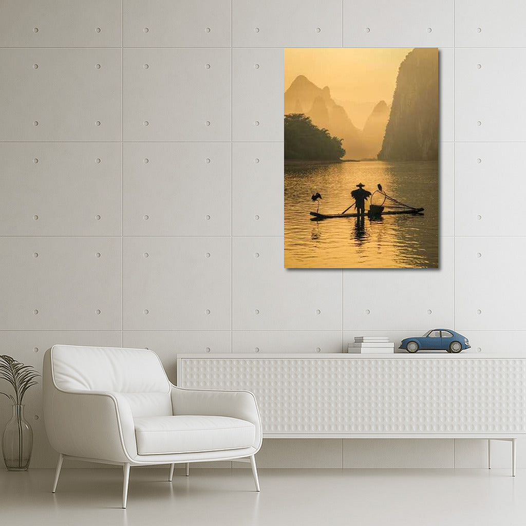 Fisherman on the River in China's Misty Morning: Harmony of the Eastern Mountains