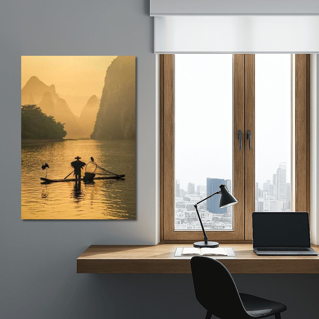 Fisherman on the River in China's Misty Morning: Harmony of the Eastern Mountains