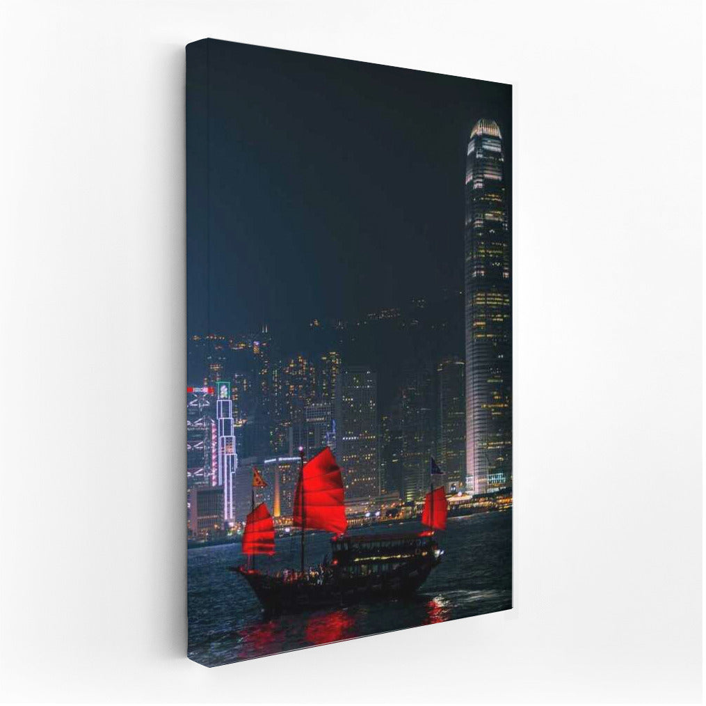 China at Night: City Skyline and Red Sails