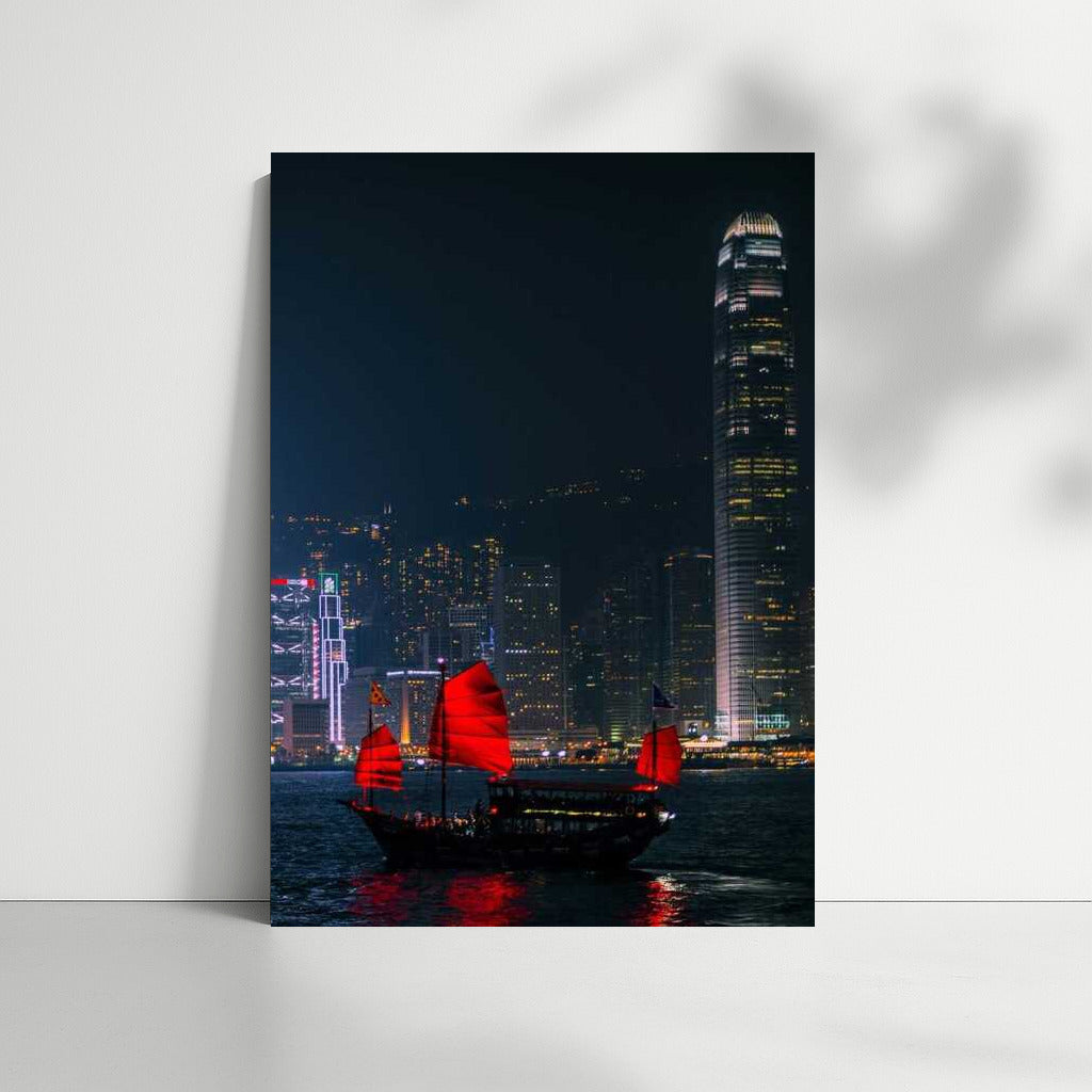 China at Night: City Skyline and Red Sails