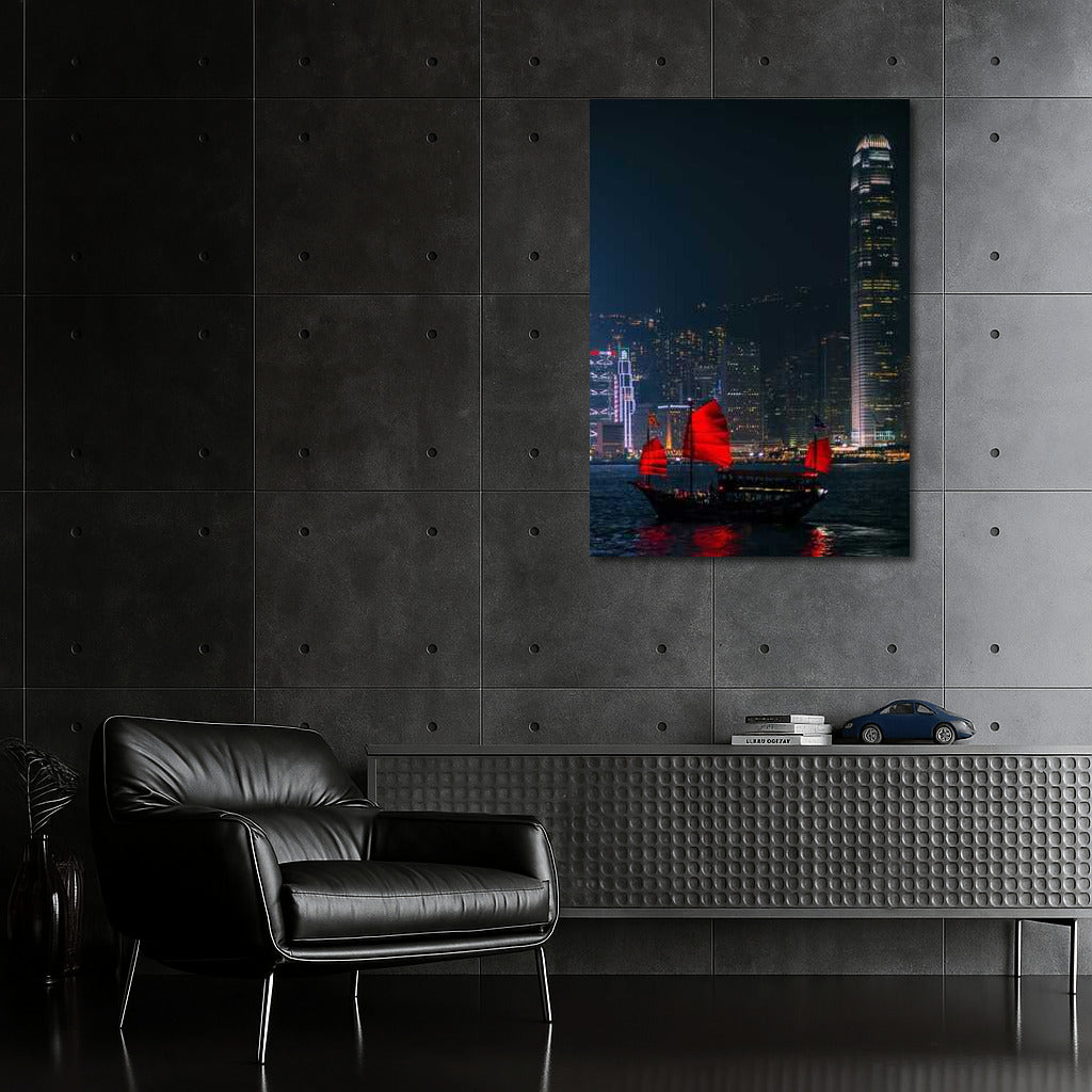China at Night: City Skyline and Red Sails