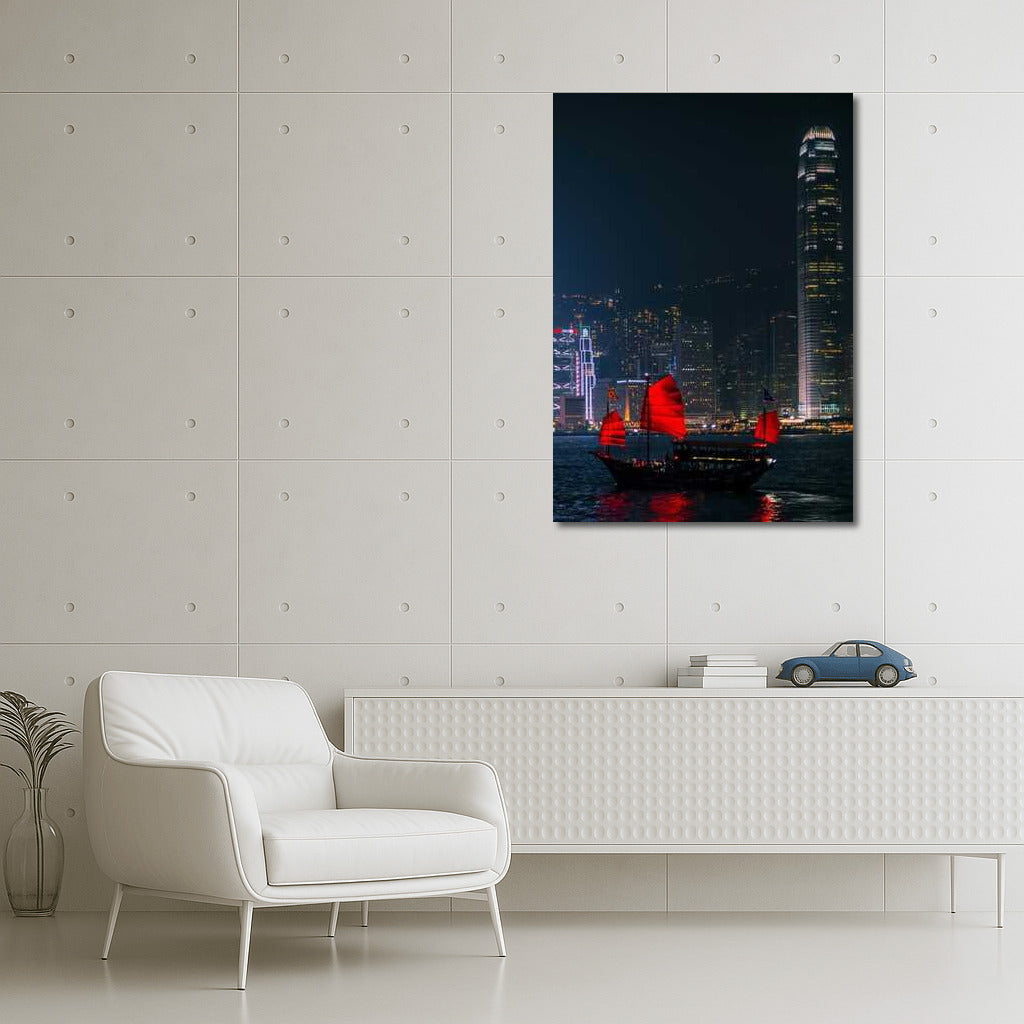 China at Night: City Skyline and Red Sails