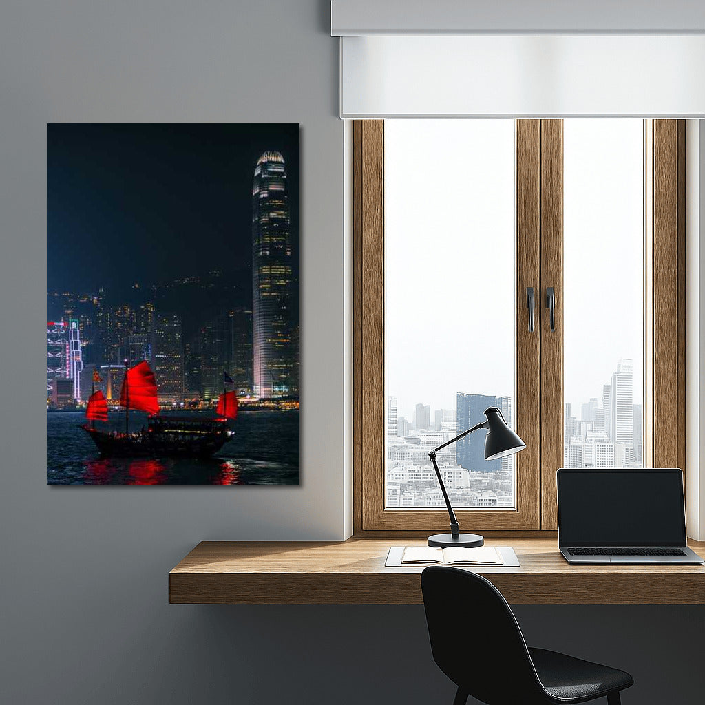 China at Night: City Skyline and Red Sails