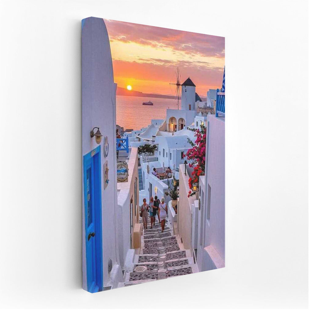 Sunset over the Snow-White Streets of Greece
