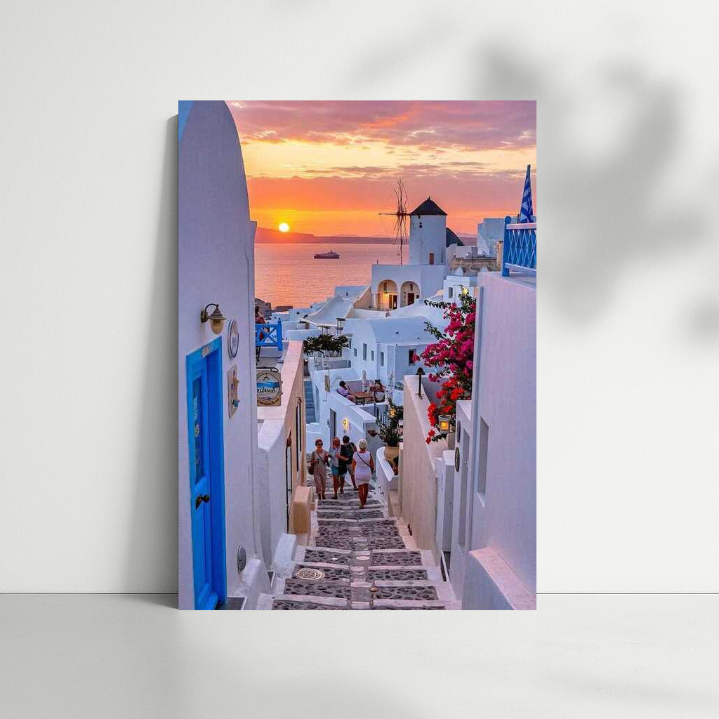 Sunset over the Snow-White Streets of Greece