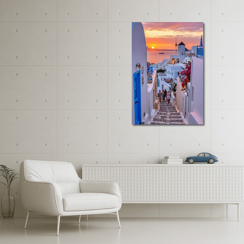 Sunset over the Snow-White Streets of Greece