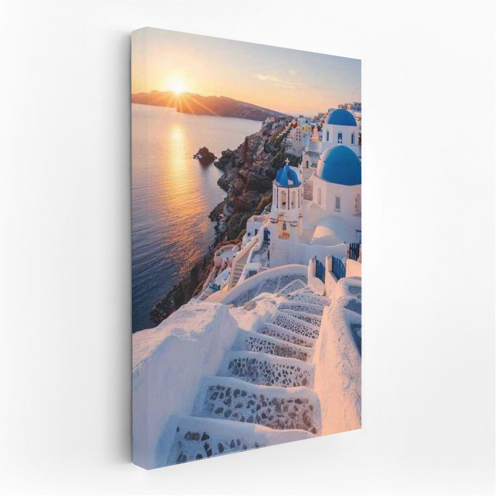 Sunset over Blue and White Houses of Greece: Seascape