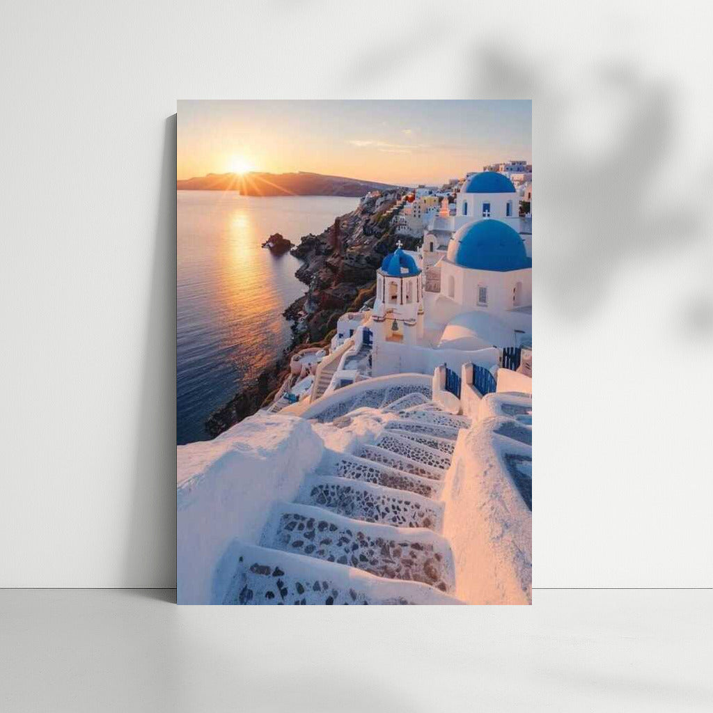 Sunset over Blue and White Houses of Greece: Seascape