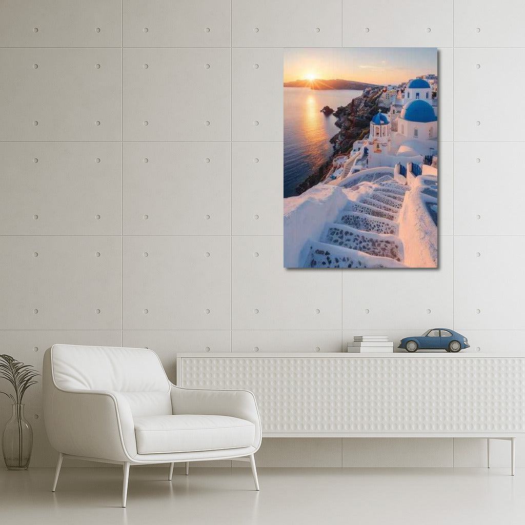 Sunset over Blue and White Houses of Greece: Seascape