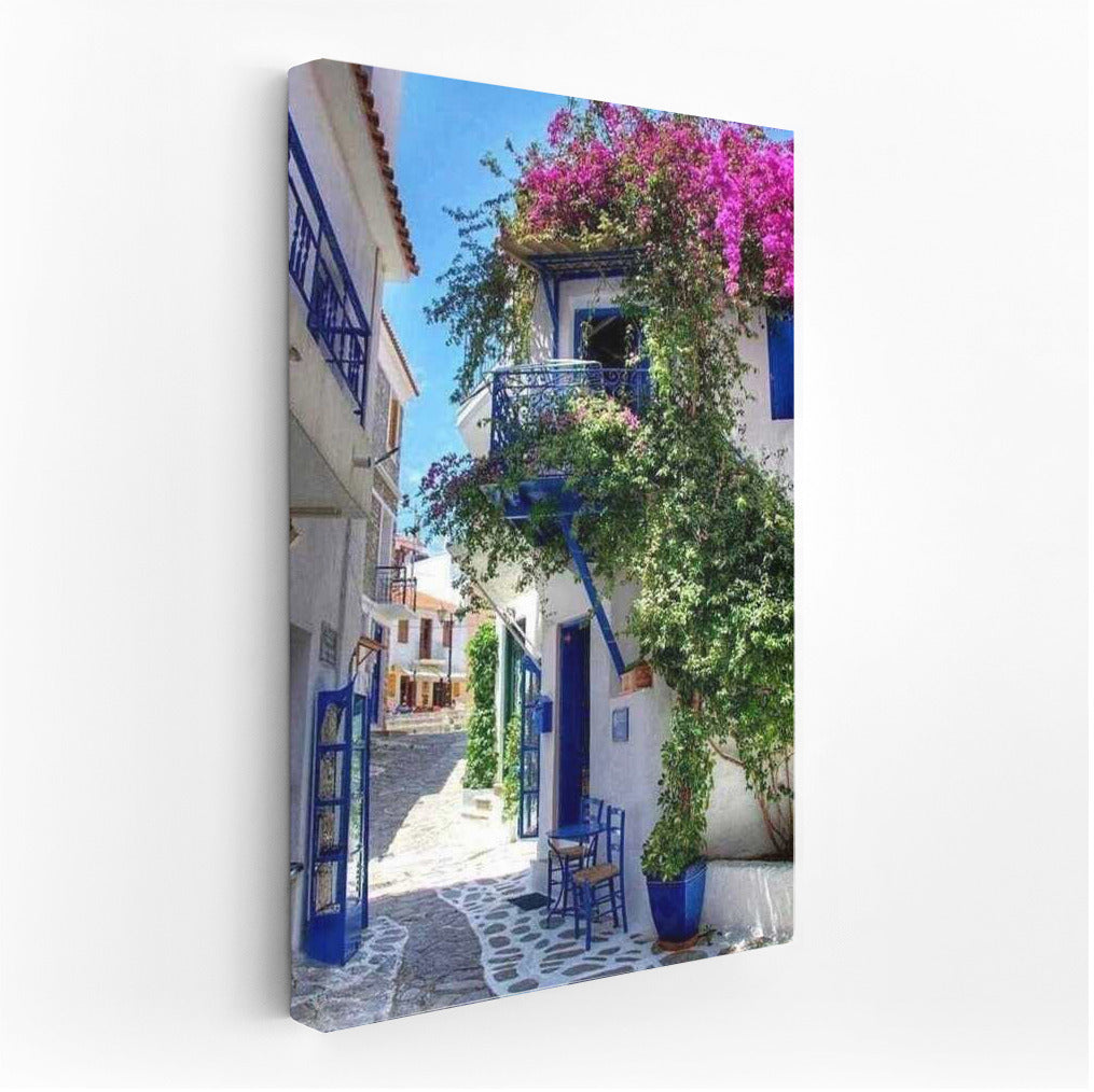 The Charm of a Greek Idyll: Blue and White Houses and Flowers