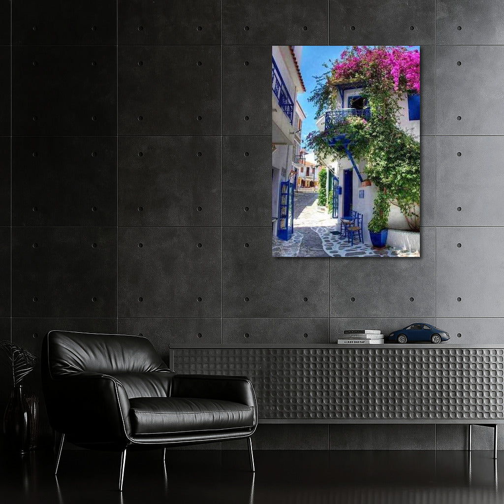The Charm of a Greek Idyll: Blue and White Houses and Flowers
