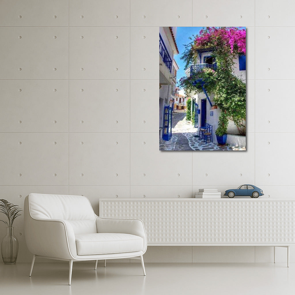 The Charm of a Greek Idyll: Blue and White Houses and Flowers