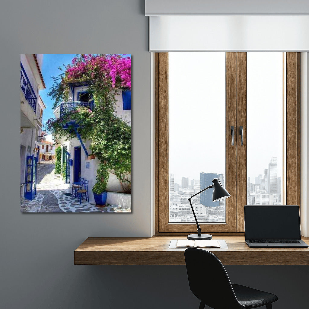The Charm of a Greek Idyll: Blue and White Houses and Flowers