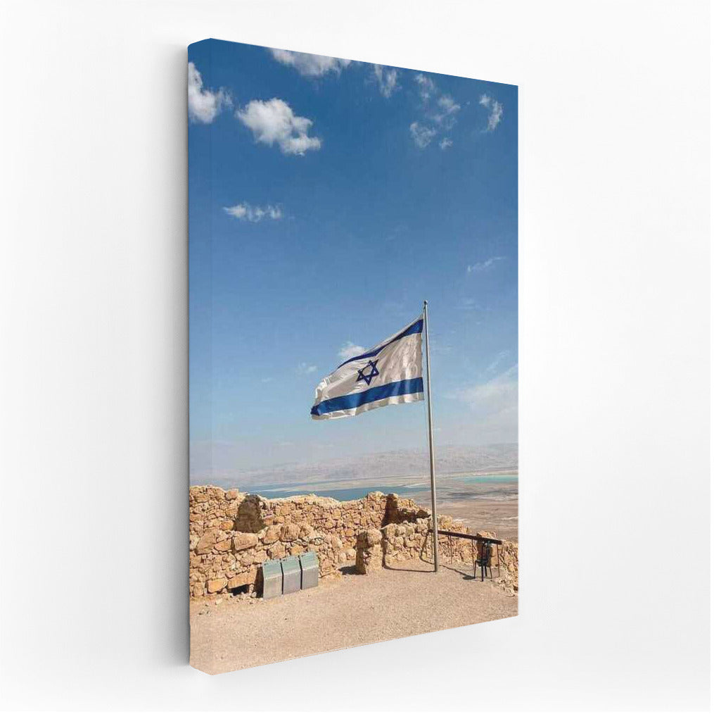 Proud Flag of Israel: Symbol of the Country on the Background of Ancient Stones and Blue Sky